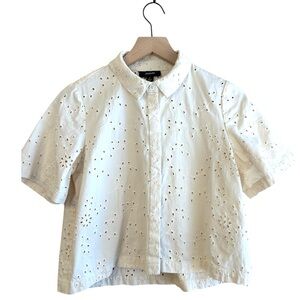 Alfani Cotton Cream Eyelet Top with Collar Size S Costal Cottage, Cottagecore
